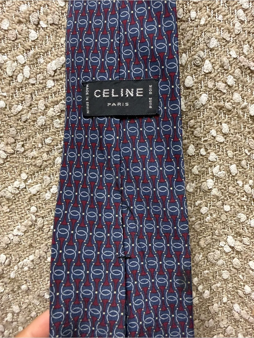 Celine Navy Blue and Burgundy Interlocking Pattern Silk Tie